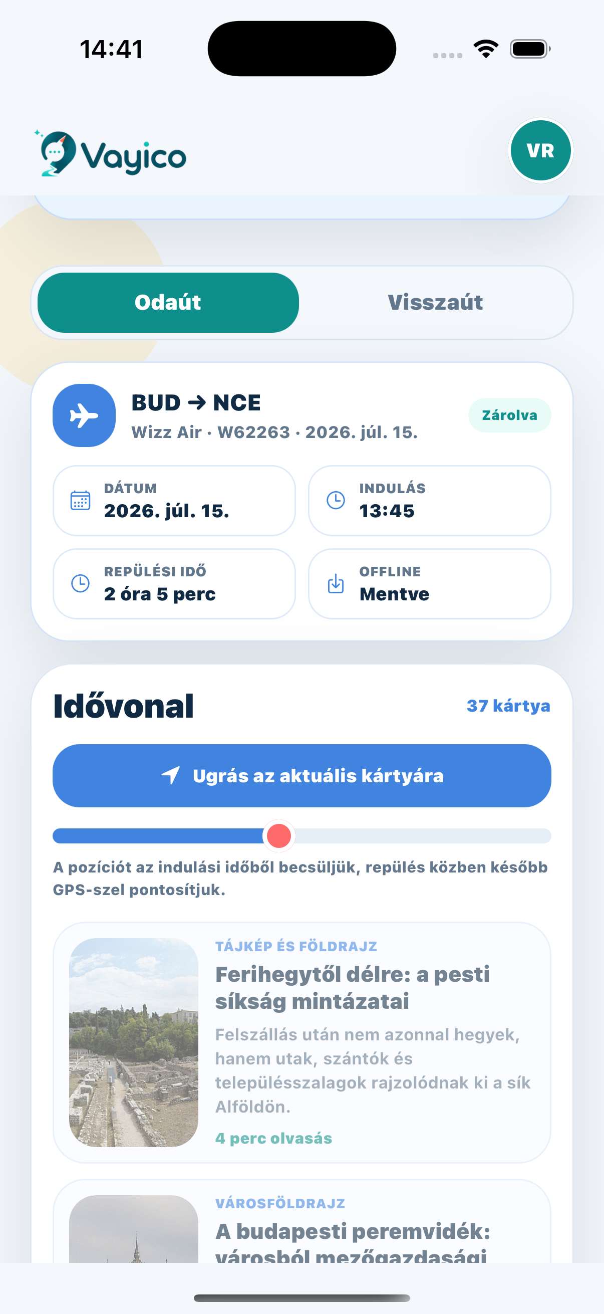 Vayico flight timeline with offline saved content