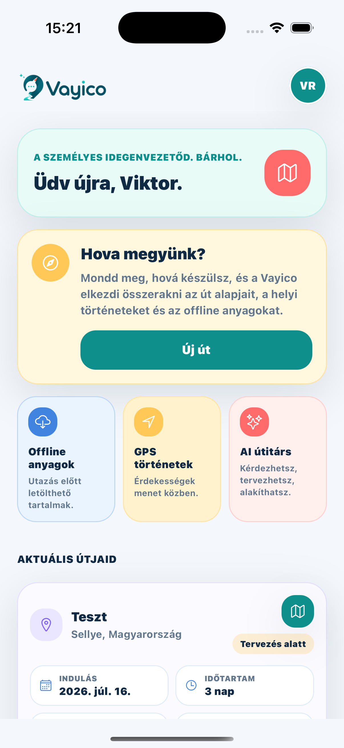 Vayico home screen with trip setup and offline features