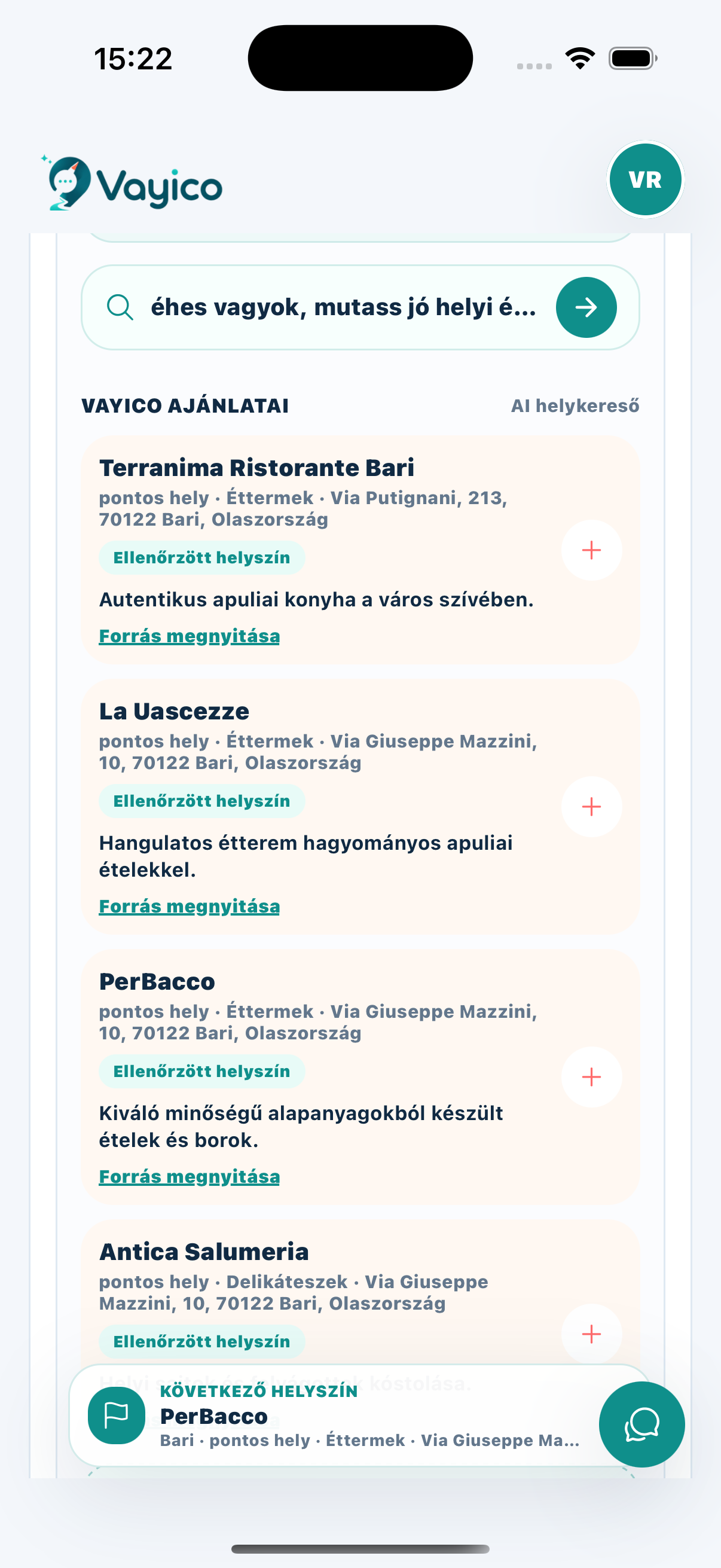 Vayico AI place search with restaurant recommendations